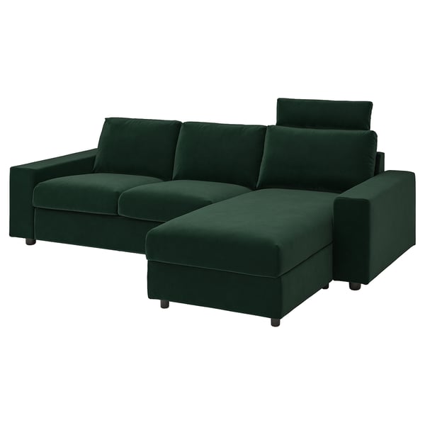 VIMLE: green velvet modular sofa with chaise, pillow support, & storage.