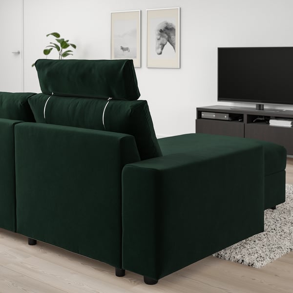 VIMLE green velvet sofa, modern, spacious, adjustable headrests, storage. Living room, tv nearby.