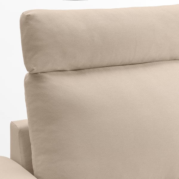 Close-up of VIMLE sofas headrest, showing plush, supportive cushion detailed with subtle stitching, upholstered in soft beige fabric.