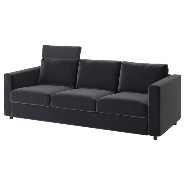 A modern VIMLE sofa in dark gray. It a sleek design, three cushions, and a headrest for comfort.