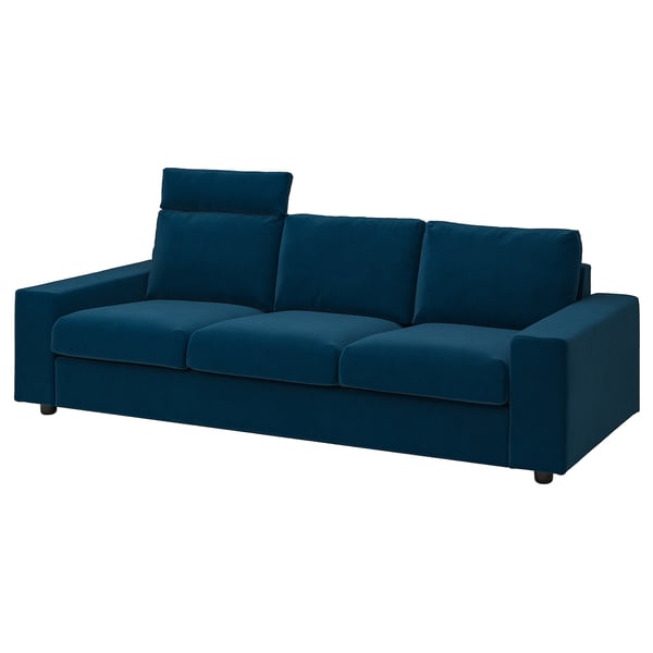 A blue VIMLE sofa with a modern, sleek design, featuring a plush cushioned seat and back, and wooden legs.