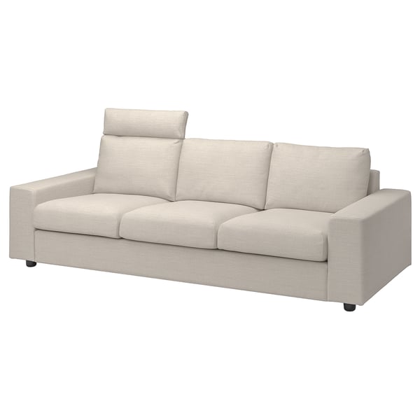 Modern beige sofa, VIMLE, three-seater, headrests, light fabric, rectangular design.