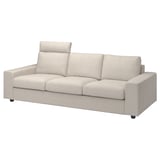 Modern beige sofa, VIMLE, three-seater, headrests, light fabric, rectangular design.