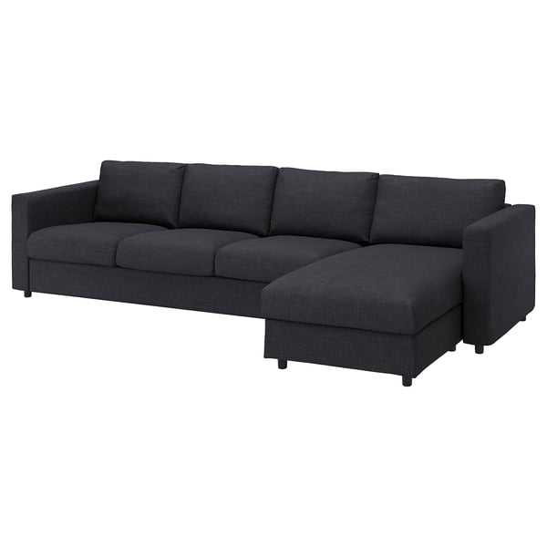Dark gray VIMLE sectional sofa, l-shaped with storage chaise, soft cushions.