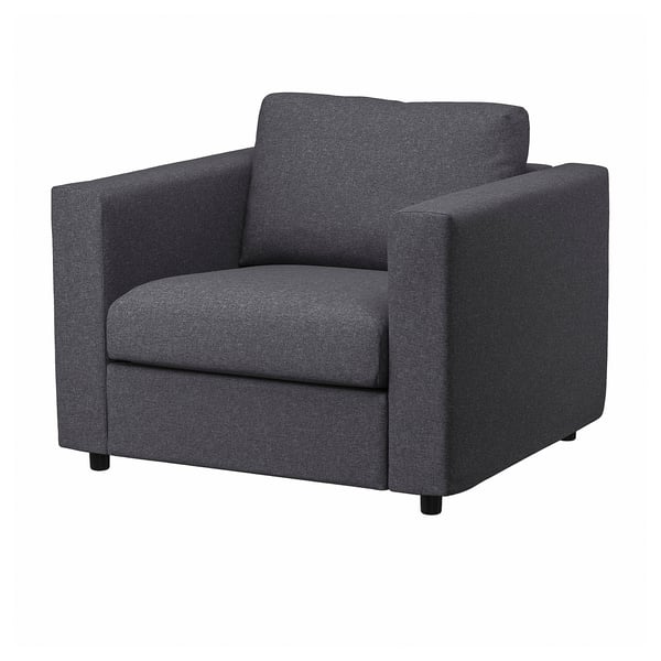 VIMLE gray chair; modern, boxy design; dark fabric; wooden legs.