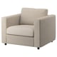 VIMLE armchair, beige, woven fabric, boxy shape, square arms, comfortable seat.