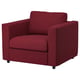 Red VIMLE armchair, modern design, boxy shape, dark wooden legs, cozy fabric.