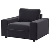 VIMLE chair, black. Velvet cover, boxy shape, firm seat, wide armrests.