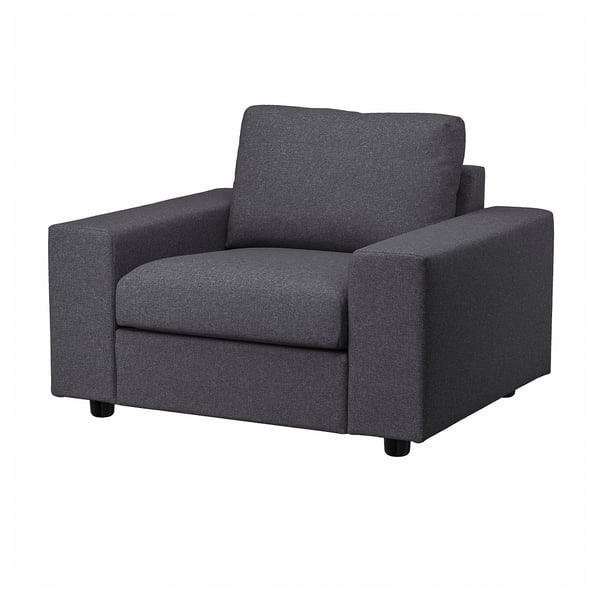 A modern grey fabric armchair named VIMLE, with well-padded seats and backrest, dark wooden legs, and a square, boxy design.