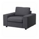 A modern grey fabric armchair named VIMLE, with well-padded seats and backrest, dark wooden legs, and a square, boxy design.
