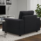 Dark grey VIMLE armchair with wide, supportive armrests and removable, machine-washable upholstery.