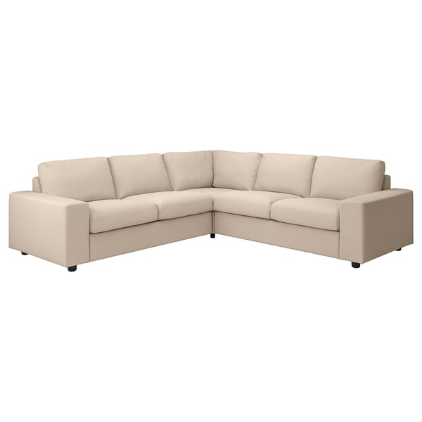The VIMLE sectional sofa is a modern, l-shaped, beige fabric sectional with wide armrests and cushioned seats designed for comfort and customization.