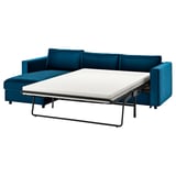 Blue sleeper sofa, modern design, velvet fabric, l-shaped sofa-bed combo.