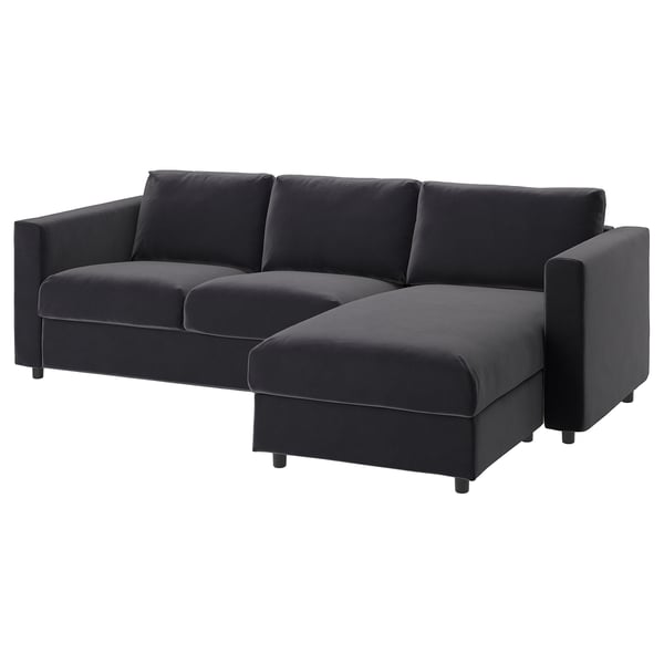 The VIMLE sectional sofa is sleek and modern, upholstered in dark gray velvet, featuring clean lines and a chaise lounge.