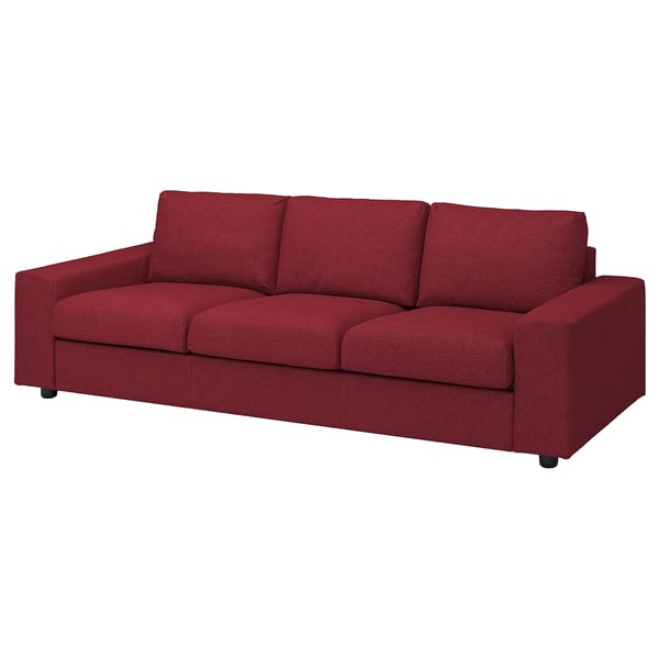 Red VIMLE sofa, modern design, three-seater, textured fabric, wooden legs.