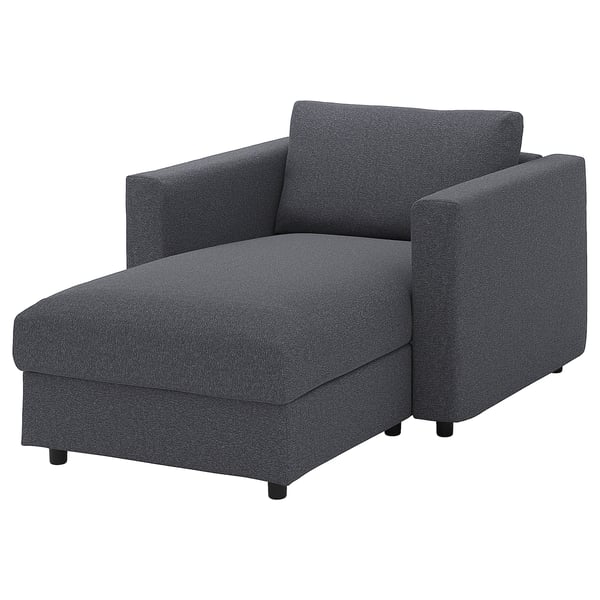 VIMLE dark grey chair, modern designed with soft fabric, angled chair back and armrest.