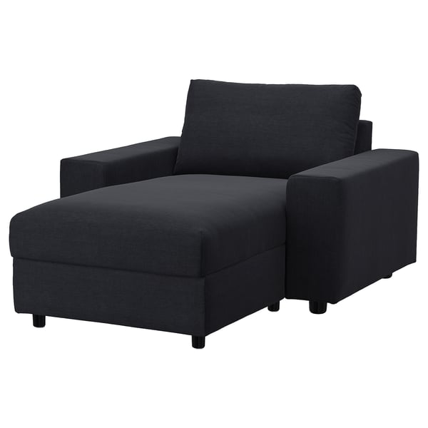 Black VIMLE furniture set with upholstered chair and chaise, modern and cozy.