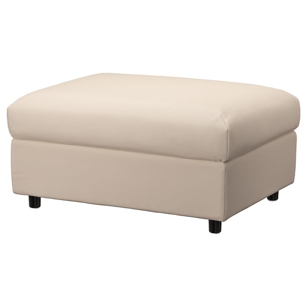 Ikea VIMLE beige footstool, soft fabric cover, square shape, decorative stitches.