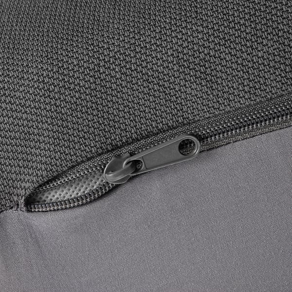 Closeup of high-quality zipper on durable, textured fabric bag.