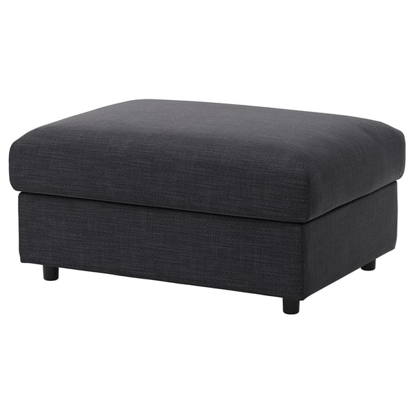 VIMLE gray fabric footstool, rectangular, elevated on black legs, soft to touch.