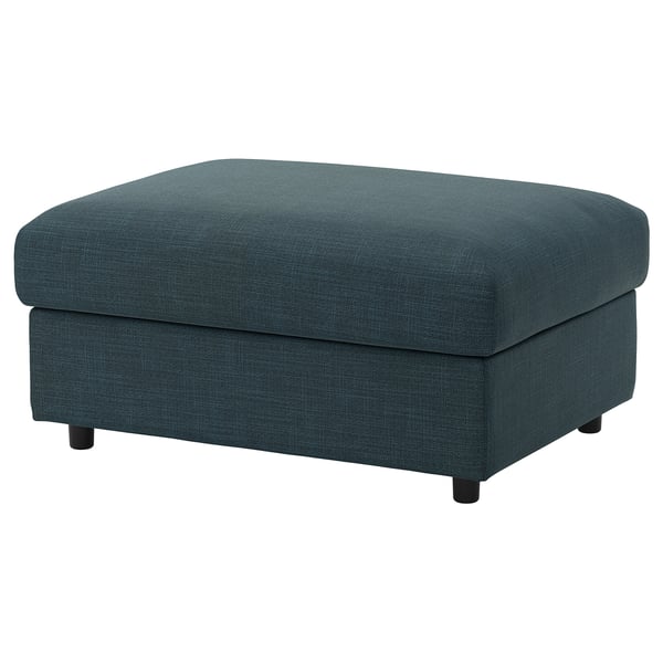 VIMLE ottoman, teal blue, square, plush fabric, four wooden legs.