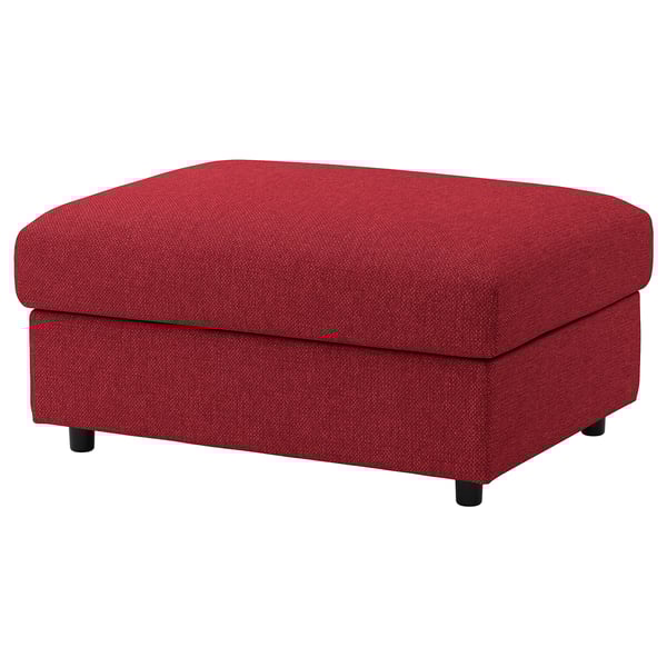 Red VIMLE footstool, rectangular, upholstered, four wooden legs.