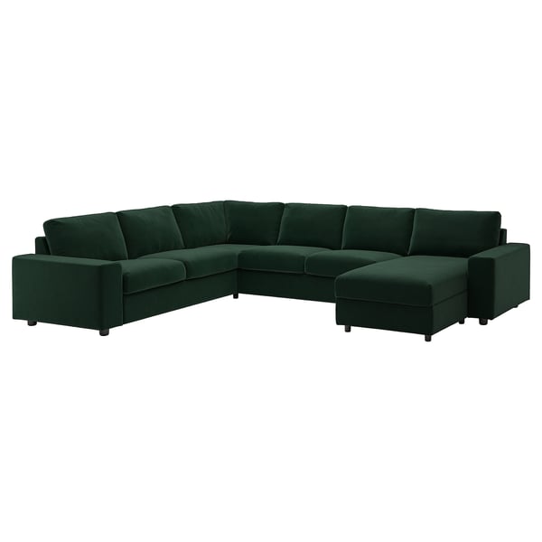 VIMLE dark green sectional sofa, modern design with angled corner and chaise, velvet fabric.