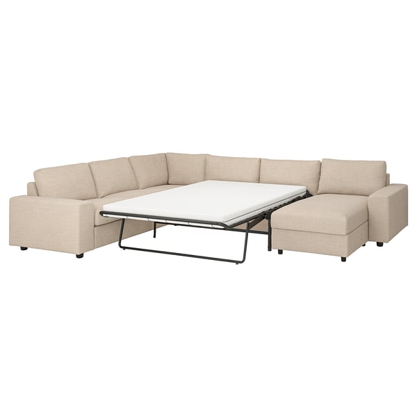 VIMLE sectional sofa-bed, beige, fabric, l-shaped, modern design with storage and mattress.