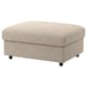 Beige VIMLE footstool, rectangular shaped with black legs, upholstered in patterned fabric, offering hidden storage space.