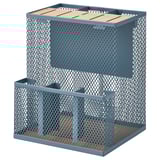 A VIMPELFISK blue metal knife block with a bamboo top. It has a mesh design for airing and easy visibility, holding knives and utensils.