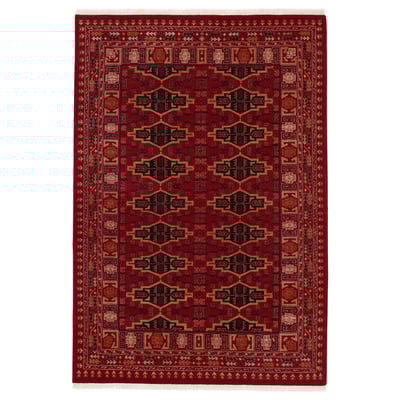 Vimpelegraes: red, rectangular, hand-knotted wool rug with intricate geometric patterns.
