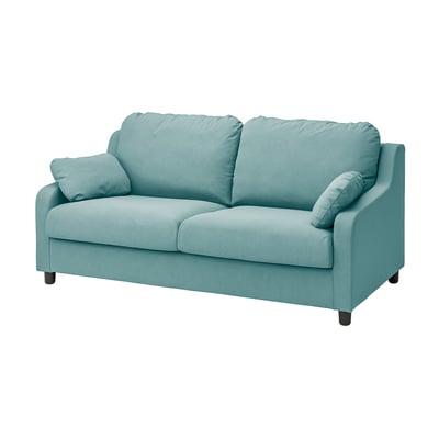 VINLIDEN: light blue, fabric upholstered, three-seater sofa with plush cushions and dark wooden legs.