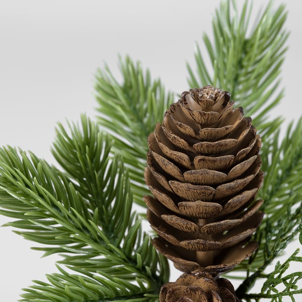 Close-up of realistic pinecone & needles, lifelike texture, vibrant green leaves.