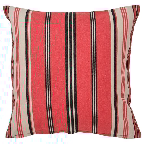 Red and beige striped square cushion cover with black accents, made of cotton and jute.