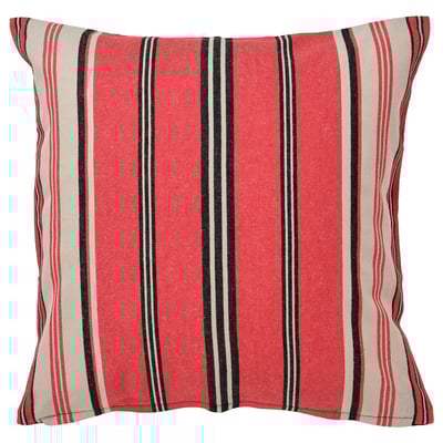 Red and beige striped square cushion cover with black accents, made of cotton and jute.