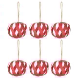 Six red paper ornaments with jute hangers, spherical shape with a red and white diamond pattern.