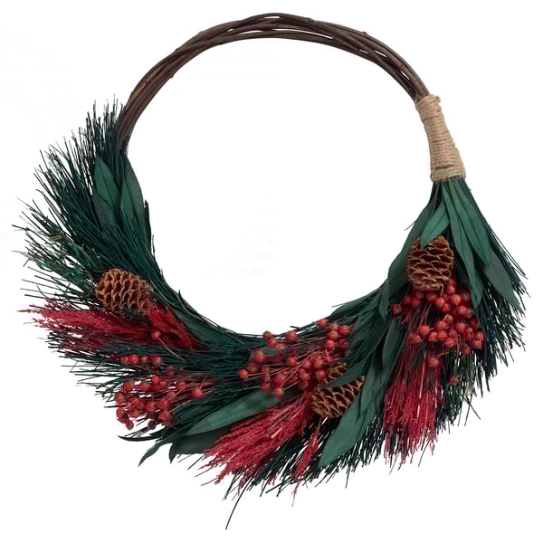 Decorative wreath VINTERFINT, green and red, dried plant parts, jute rope, circular shape.