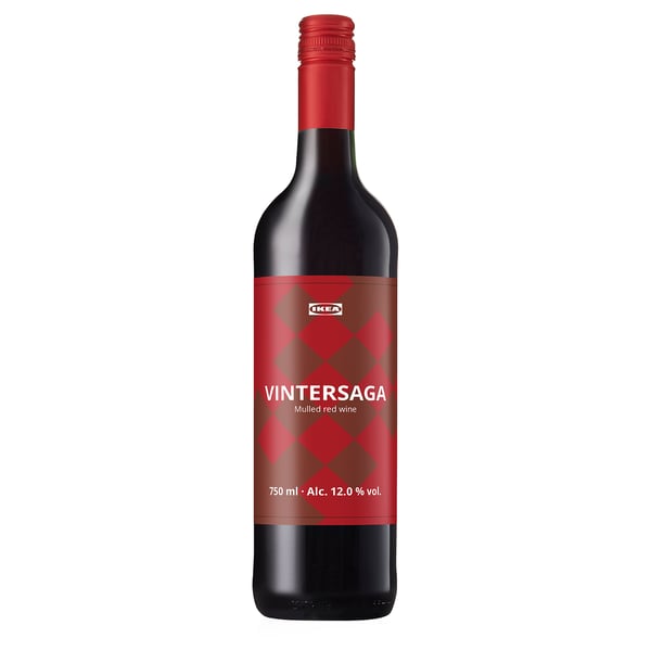 A red bottle with IKEAs VINTERSAGA label, a mulled red wine, 750 ml, 12. 0% vol. , standing upright.