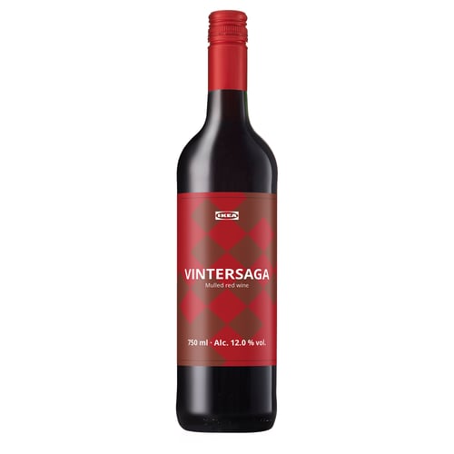 A red bottle with IKEAs VINTERSAGA label, a mulled red wine, 750 ml, 12. 0% vol. , standing upright.