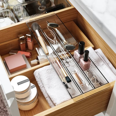 Clear compartments wooden drawer organizer for makeup, nail polish, toiletries.