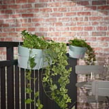 VITLÖK green plant pots hang on black balcony rail, small flowers.