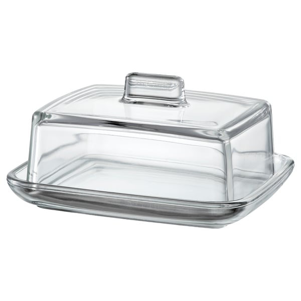 A clear glass VITROCKA butter dish with a lid. Its square-shaped and transparent, perfect for displaying and serving butter.
