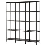 A VITTSJÖ black shelf, featuring five clear glass shelves and a black metal frame. Its minimalist design provides an open, airy feel.
