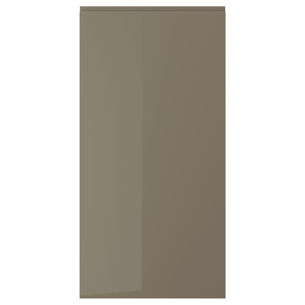 VOXTORP gray-brown glossy door, smooth, sleek, integrated handle.