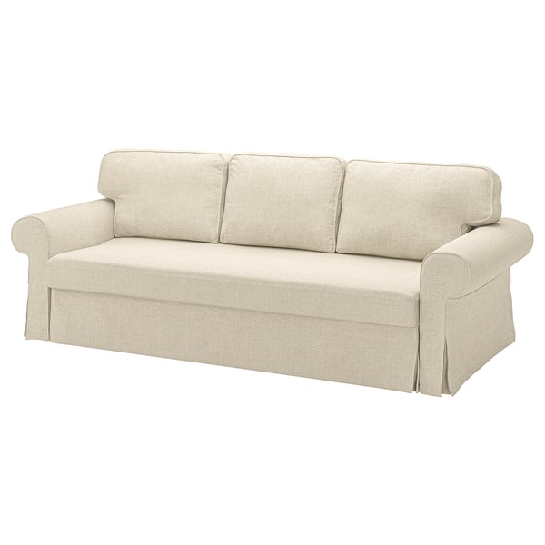 A VRETSTORP beige-colored sofa-bed with a soft, rolled armrest design. It removable, machine washable fabric and built-in storage.