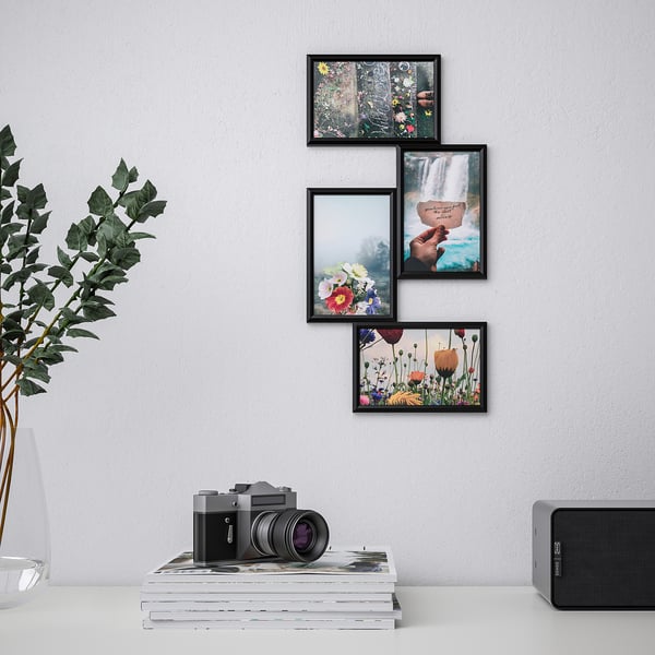 Three framed photos arranged on a wall, beside a camera on books and a speaker, with a plant nearby.