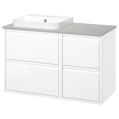 Modern white bathroom vanity with four drawers, marble counter, and rectangular sink.