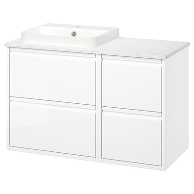 Wall-mounted bathroom vanity with 4 drawers, marble counter, and vessel sink.