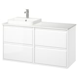 ÄNGSJÖN / BACKSJÖN Wash-stand/wash-basin/tap, high-gloss white/white marble effect, 122x49x71 cm