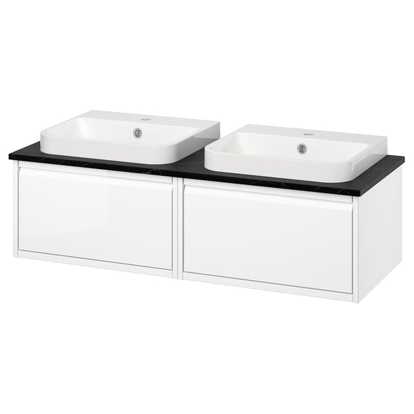 Double white bathroom vanity with two sinks and drawers. Modern design with square basins and glossy finish.